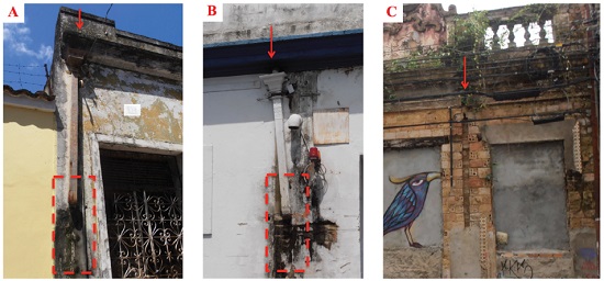 Dutos com perda total de braçadeiras e peças do corpo (A e B). Lacuna na fachada indicando ausência de duto vertical (C). Fonte: Fotografias das autoras.