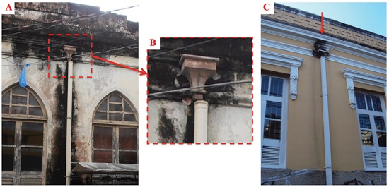 Duto com inserção de peças de PVC com encaixe incompatível ao funcionamento, conservação e estética (A e B). Duto com inserção de peças de desenho simples (C). Fonte: Fotografias das autoras.