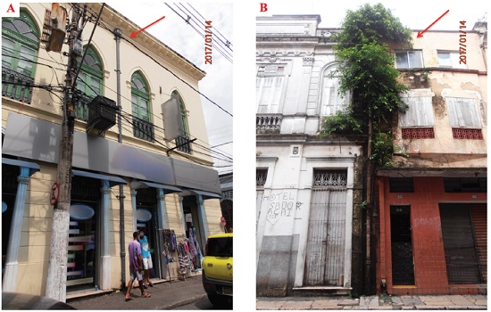 (A) Placa de propaganda que impede a leitura da fachada e demais elementos integrados. (B) Vegetação de grande porte em fachada no bairro da Campina. Fonte:Fotografias das autoras.