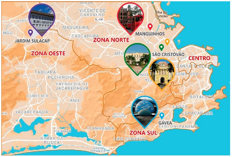 Disposi&ccedil;&atilde;o dos museus participantes da pesquisa OMCC&T, em mapa parcial da cidade do Rio de Janeiro. Fotografias de propriedade dos respectivos museus, sobre mapa extra&iacute;do do Google Maps.