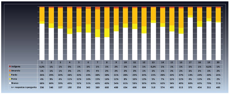 Distribui&ccedil;&atilde;o percentual da vari&aacute;vel &ldquo;Cor/ra&ccedil;a autodeclarada&rdquo; nas etapas da pesquisa, por museus (N=8.552).