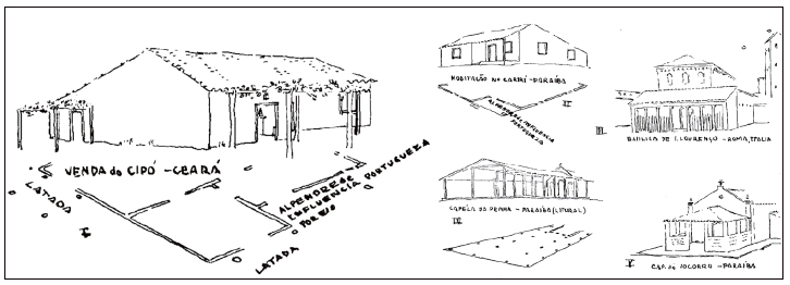Desenhos de Luis Saia para exemplificar a presen&ccedil;a de alpendres e latadas nas constru&ccedil;&otilde;es brasileiras.