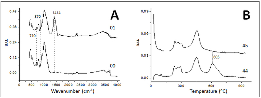 Typical examples of FTIR spectra (A) and differential TGA curves (B) of mortars exhibiting (01 and 44) and not exhibiting (00 and 45) carbonate characteristics, that is, bands at 1400, 870 and 710 cm-1 (FTIR) and mass losses at T>600 oC (TG).