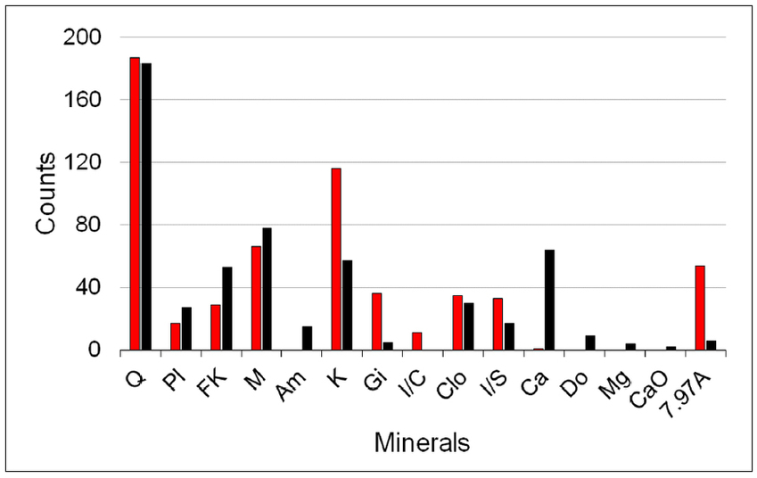 Estimated relative abundance of bulk minerals identified in the general group of soils (red) and mortars (black). Q: quartz; PI: alkaline plagioclase; FK: potassium feldspar; M: mica; Am: amphibole; K: kaolinite; Gi: gibbsite; I/C: illite/chlorite; Clo: chlorite; I/S: illite/smectite; Ca: calcite; Do: dolomite; Mg: magnesite; CaO: calcium oxide (peak 7.97 A was not identified).