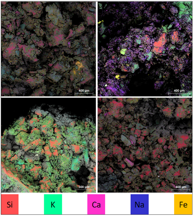 SEM-EDS images of the following mortar samples: no. 25 (upper-left), 12 (upper-right), 34 (bottom left) and 00 (bottom-right).