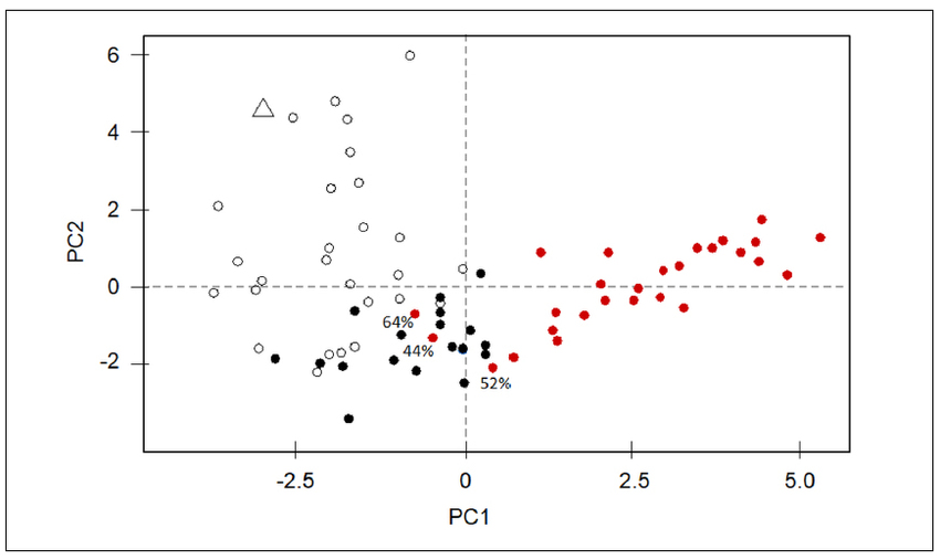 Bidimensional score plot of each PCA1 and PCA2 (all variables except Ca) analysis. Soils are marked as red circles, mortars without carbonate in their composition are marked as black circles, mortars with carbonate in their composition are marked as void circles and triangles (triangle indicates a mortar manufactured with Portland cement). Separation between the two groups of mortars (with and without lime) occurs along the PC2 axis, which is overwhelmingly ruled by Ca content.