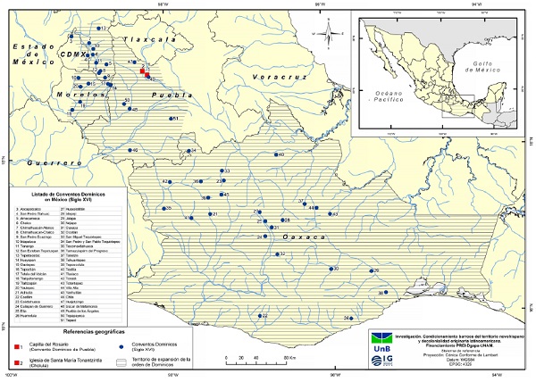 Distribución territorial de los 49 conventos dominicos edificados en Nueva España en el siglo XVI (incluye Capilla del Rosario [en el Convento de Puebla] e Iglesia de Santa María Tonantzintla [en Cholula]). Datos: Vázquez (1965, 1968), Costa y Moncada (2021).