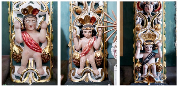 Recreación estética mestiza de imágenes angélicas de rasgos indígenas en columnas laterales del templo.