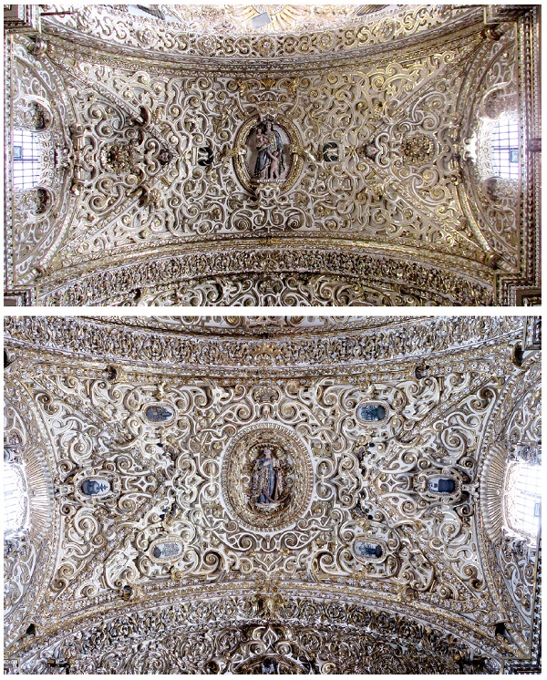 a) La alegoría de la Caridad sostiene y acaricia a dos niños; símbolo de manutención de la fe y del amor al prójimo; b) la alegoría de la Esperanza presenta una doncella con un áncora, trata de la confianza en la justicia de Dios.