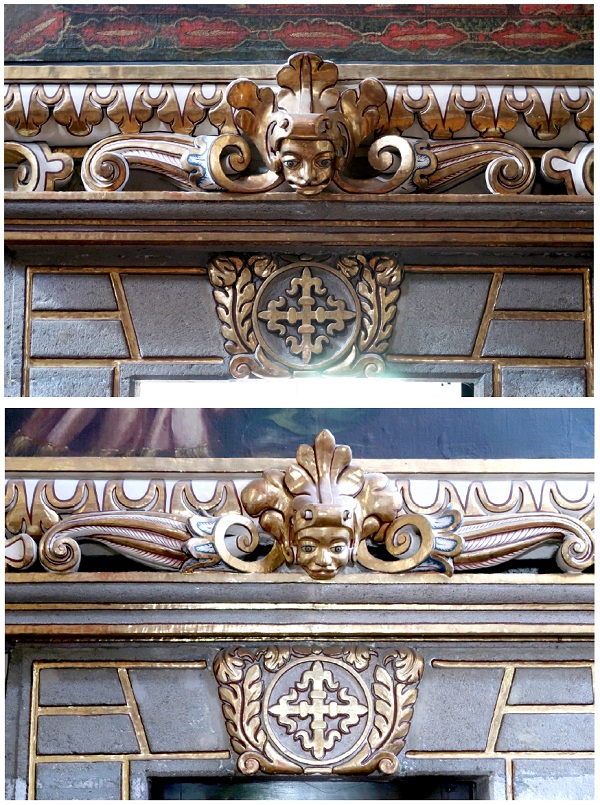 Mascarones indígenas a la entrada de la sacristía (Capilla del Rosario).