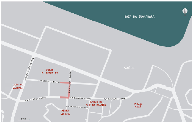 &Aacute;rea de abrang&ecirc;ncia do Programa de Revitaliza&ccedil;&atilde;o da Zona Portu&aacute;ria (Etapa 1). Em destaque, os trechos escavados nas ruas Coelho e Castro, Argemiro Bulc&atilde;o e Sacadura Cabral, com remanescentes do Trapiche da Pedra do Sal. 