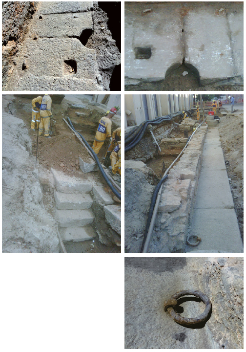 Detalhes da cantaria de atraca&ccedil;&atilde;o: (a) e (b) rebaixo no bloco central (perfil e frente) com remanescentes de ferragens e recortes; (c) quatro degraus laterais de acesso ao cais de atraca&ccedil;&atilde;o; (d) e (e) argol&otilde;es de metal para amarra&ccedil;&atilde;o encontrados na cantaria do cais, a 11 m de dist&acirc;ncia um do outro. Fotos: Andrea Jundi.