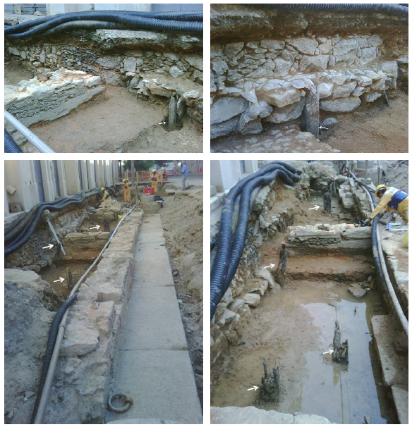 Alguns dos esteios remanescentes que serviram como suporte para o barroteamento do piso de tabuado do trapiche. Foram encontrados nove no total, sem guardar alinhamento entre si. Esses esteios estavam recobertos por grande quantidade de telhas fragmentadas, sugerindo que o telhado desabou sobre a estrutura. Fotos: Andrea Jundi.