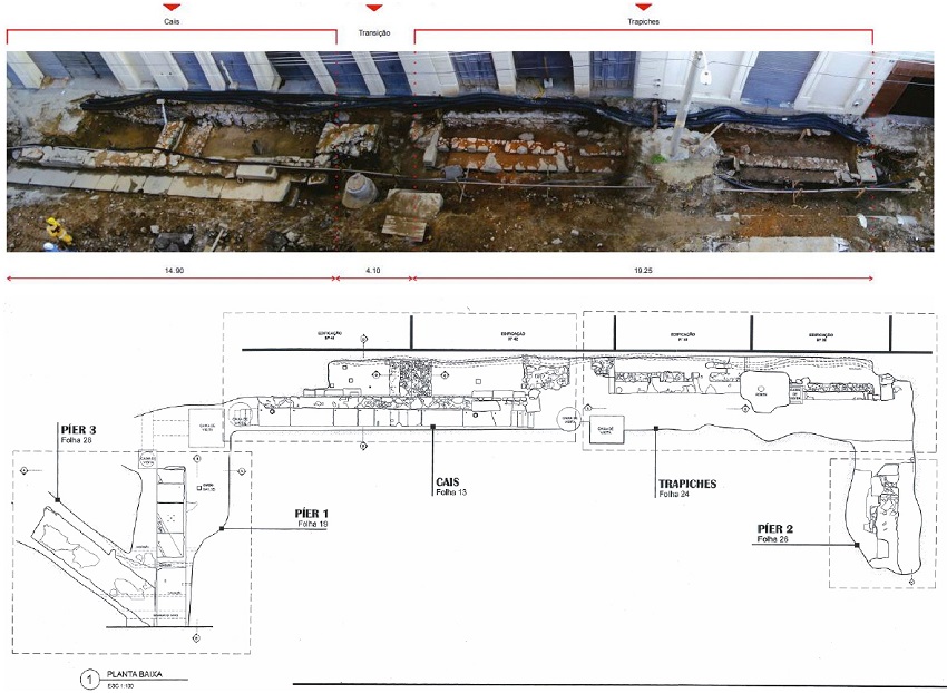 Fotomontagem da planta baixa das estruturas do Trapiche da Pedra do Sal, encontradas nas escava&ccedil;&otilde;es arqueol&oacute;gicas na Rua Coelho e Castro. Escala: 1/50. Fonte: Studio Soma.