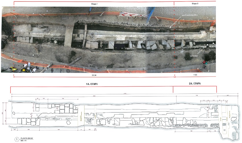 Fotomontagem e planta baixa da fachada lateral do Trapiche da Pedra do Sal, encontrada nas escava&ccedil;&otilde;es arqueol&oacute;gicas na Rua Argemiro Bulc&atilde;o. Fonte: Studio Soma.