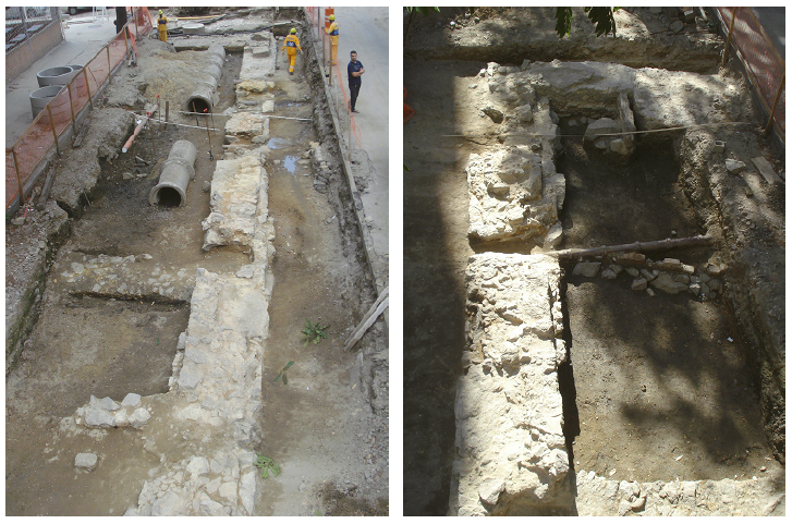 Alicerces da fachada do Trapiche da Pedra do Sal: paredes dianteiras e internas dos lotes n&ordm; 68 e 70. Fotos: Andrea Jundi.