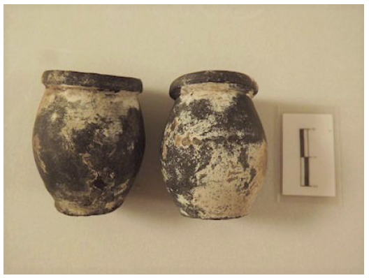 Par de miniaturas de vasos cer&acirc;micos encontrados na encruzilhada das ruas Sacadura Cabral e Argemiro Bulc&atilde;o. Foto: Tania Andrade Lima.