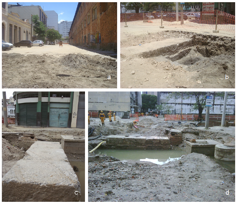 Sequ&ecirc;ncia da exposi&ccedil;&atilde;o progressiva do p&iacute;er de alvenaria de pedra na Rua Coelho e Castro: (a) a rua antes do come&ccedil;o dos trabalhos; (b) in&iacute;cio da escava&ccedil;&atilde;o progressiva da estrutura; (c) o p&iacute;er, visto da sua extremidade anterior; (d) o p&iacute;er exposto, parcialmente imerso no len&ccedil;ol fre&aacute;tico, destru&iacute;do nas suas extremidades por obras anteriores. Fotos: Andrea Jundi.