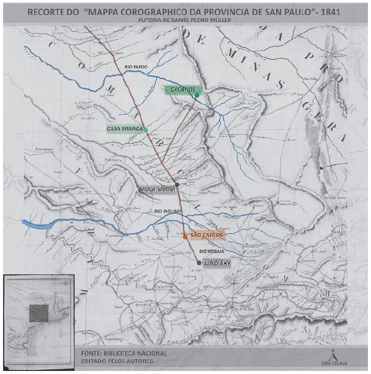 Recorte do Mappa corographico da provincia de San Paulo, de Daniel Pedro M&uuml;ller. Em laranja, destaca-se a vila de S&atilde;o Carlos - atual munic&iacute;pio de Campinas -, e, em verde, a vila de Casa Branca e a freguesia de Caconde. Em marrom, est&atilde;o destacados os principais caminhos que conectam esses n&uacute;cleos urbanos, isto &eacute;, o Caminho dos Goiases e sua ramifica&ccedil;&atilde;o em dire&ccedil;&atilde;o &agrave; freguesia de Caconde.
