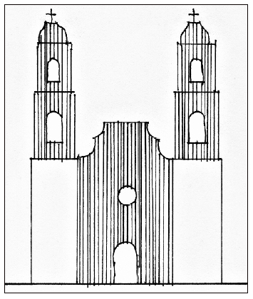 Modelo de retábulo rugoso entre bases de torres lisas com módulos sineiros rugosos.
