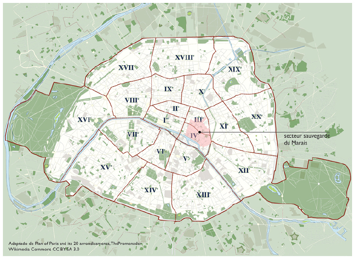 Mapa dos bairros de Paris, com identificação do secteur sauvegardé do Marais.