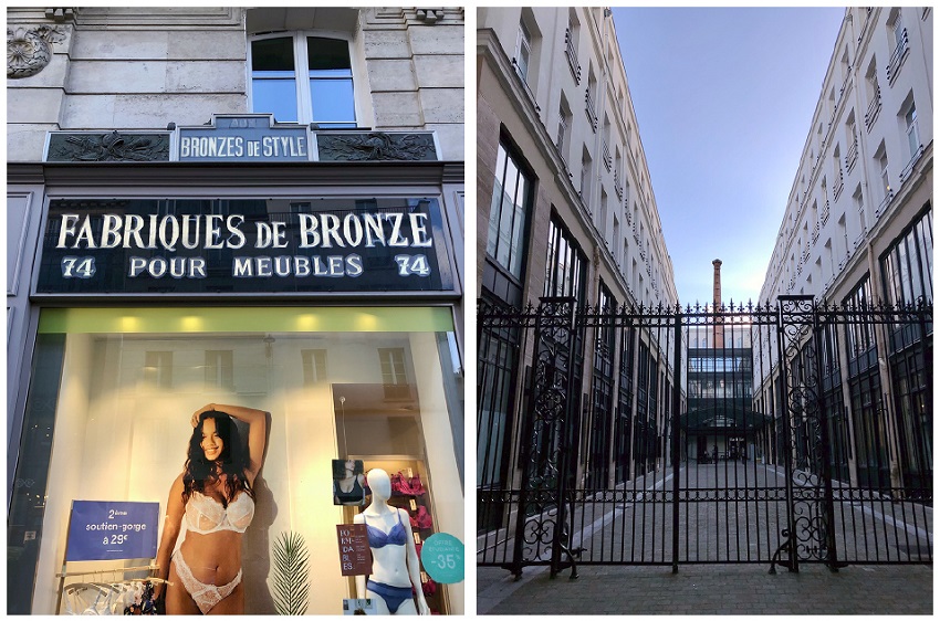 Antiga fábrica de bronze, atualmente ocupada por loja de roupas íntimas, e antigo pátio fabril, transformado em 2009 no Lieu du Design da Île de France, número 74 da rue du Faubourg Saint-Antoine.