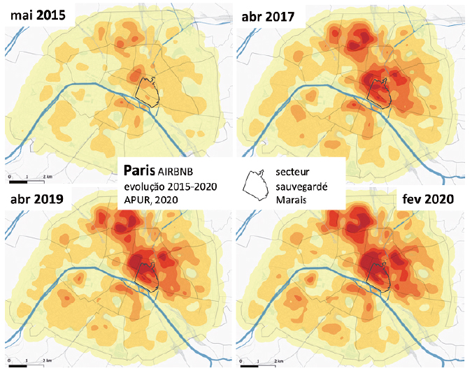 Evolução e localização dos anúncios do Airbnb em Paris, entre 2015 e 2020.
