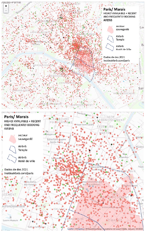 Distribuição dos anúncios Airbnb altamente disponíveis e com aluguéis recentes e frequentes, em dezembro de 2021, nos bairros centrais de Paris e no Marais.