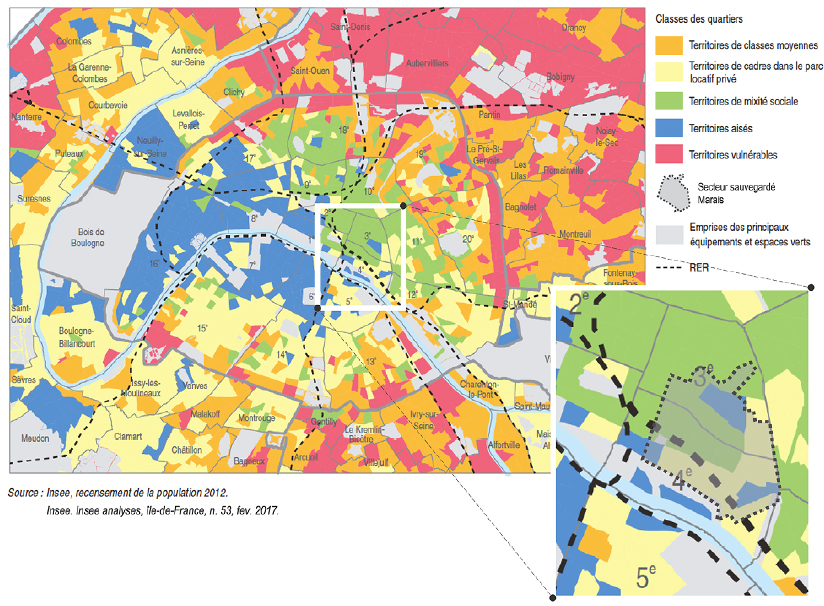 Distribuição social de Paris, segundo mapa produzido pelo INSEE em 2017.