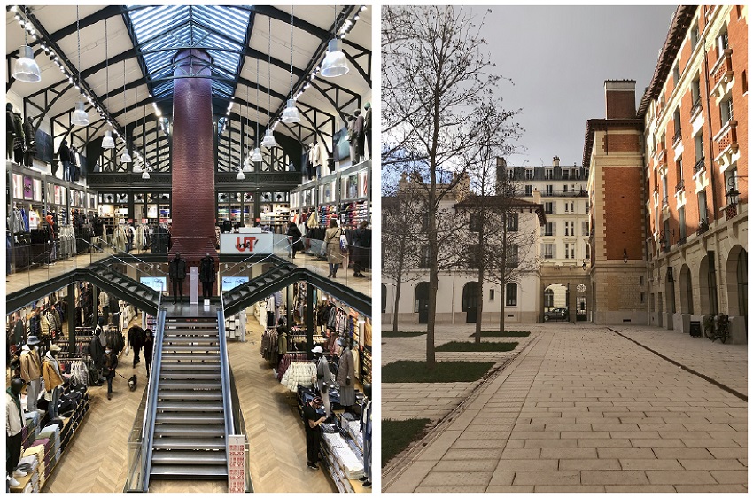 Antiga estrutura fabril do século XIX, restaurada para abrigar a loja Uniqlo, e o pátio interno do antigo convento de Minimes, transformado em habitação de baixa renda.