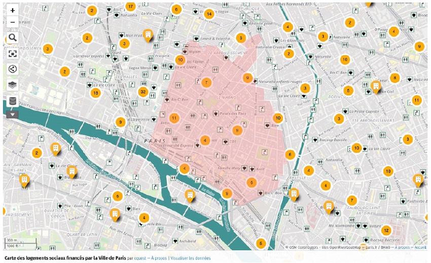 Mapa das habitações sociais financiadas pela cidade de Paris, com destaque para o bairro do Marais.