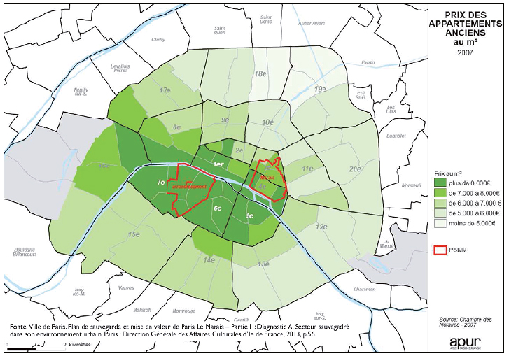 Preço médio dos apartamentos antigos em Paris, em 2007.