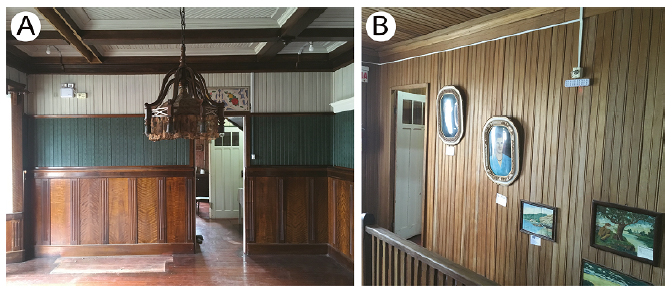 Paredes internas do Casar&atilde;o Zipperer. (A) Pintura em lambris e elementos decorativos em madeira no pavimento inferior do casar&atilde;o; (B) Lambris em madeira crua no pavimento superior do casar&atilde;o.