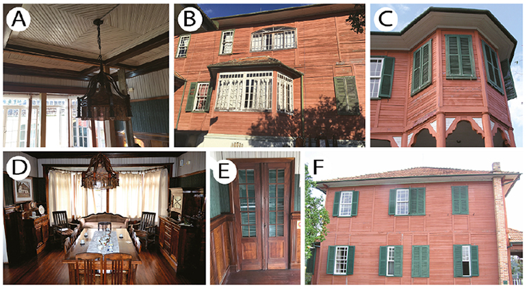 Detalhes construtivos do Casar&atilde;o Zipperer. (A) Detalhe de quadro do forro da sala de estar; (B) Bay window da sala de estar na eleva&ccedil;&atilde;o posterior; (C) Torre&atilde;o localizado nas eleva&ccedil;&otilde;es frontal e lateral e detalhe das esquadrias com venezianas; (D) Sala de jantar, com bay window ao fundo; (E) Detalhe da porta francesa da sala de jantar; (F) Eleva&ccedil;&atilde;o lateral esquerda, com janelas tipo guilhotina e venezianas. Entre as fachadas principal (frontal) e lateral esquerda (Figura 13), paralelas &agrave;s atuais rua Carlos Weber e Avenida dos Imigrantes, respectivamente, e no ponto central da composi&ccedil;&atilde;o no terreno de esquina, h&aacute; um torre&atilde;o. O torre&atilde;o, na composi&ccedil;&atilde;o formal da obra, marca a assimetria das fachadas, equilibra a adi&ccedil;&atilde;o de volumes da bay window na fachada frontal e do escrit&oacute;rio e dormit&oacute;rio na fachada lateral esquerda.