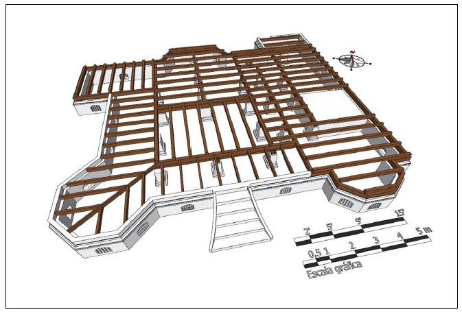 Perspectiva esquem&aacute;tica da estrutura do piso do pavimento inferior do Casar&atilde;o Zipperer. Em marrom, barrotes, frechais e vigas mestras.