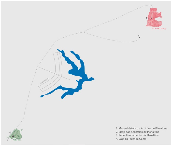 Localização das construções tombadas em relação ao Plano Piloto de Brasília. Fonte: Elaborada pelas autoras.