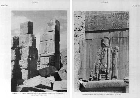 “Throne Hall. Throne Relief on East Jamb of Western Doorway in the Southern Hall. (Direction of view, NEN)”. / “Enthroned king and attendant in relief shown on Pl. 104”. Schmidt (1953, pl. 104-105).
