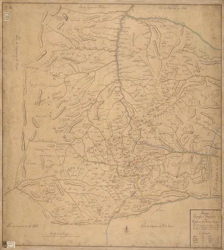 
							 - “Mapa Topográfico e Idrografico da Capitania de Minas Gerais”. s. a. – Escala: [Ca. 1: 1610 000], 30 legoas (Légua de 18 ao grau = 617283 cm) = 11,5 cm. – 
							s. d.
							 – 1mpa:ms., color.
						