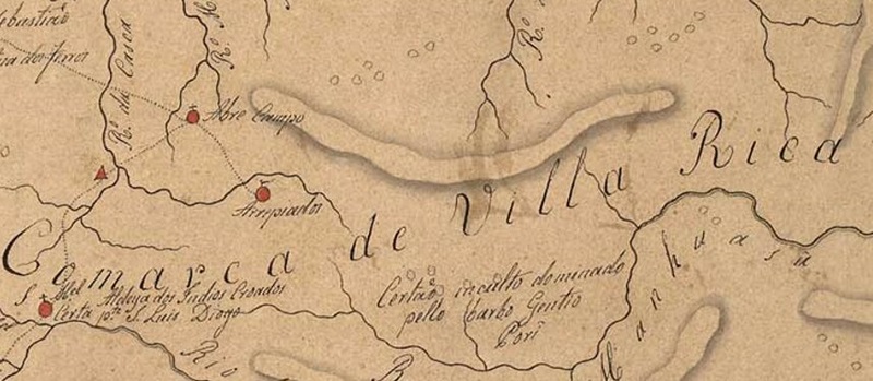 
							 - Notas explicativas e novos indícios de expansão no sentido leste, com novas estradas, fazenda e registo de 
							Arrepiados
							, em detalhe no “Mapa Topográfico e Idrografico da Capitania de Minas Gerais”. s. a. – Escala: [Ca. 1: 1610 000], 30 legoas (Légua de 18 ao grau = 617283 cm) = 11,5 cm. – 
							s. d.
							 – 1 mapa: ms., color.
						