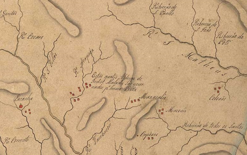 
							 - Área com abundância de aldeamentos, em detalhe no “Mapa Topográfico e Idrografico da Capitania de Minas Gerais”. s. a. – Escala: [Ca. 1: 1610 000], 30 legoas (Légua de 18 ao grau = 617283 cm) = 11,5 cm. – 
							s. d.
							 – 1 mapa: ms., color.
						