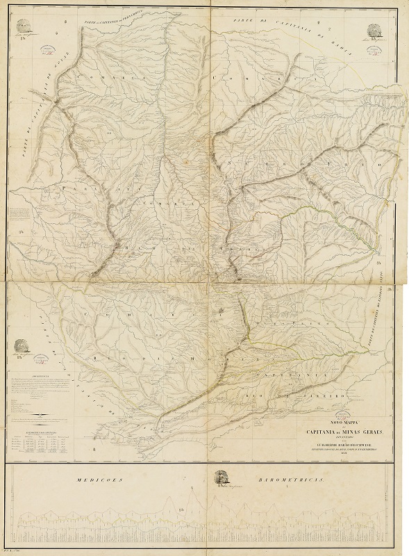 
							 - “Novo Mappa da Capitania de Minas Geraes”. Levantado por Guilherme Barão D´Eschwege, Tenente Coronel do Real Corpo de Engenheiros, 
							1821
							. Escala [ca. 1: 1 000 000]. (Cópia sem data). 1 mapa ms. em 4 folhas coladas, color. à mão; 141 cm × 104 cm.
						
