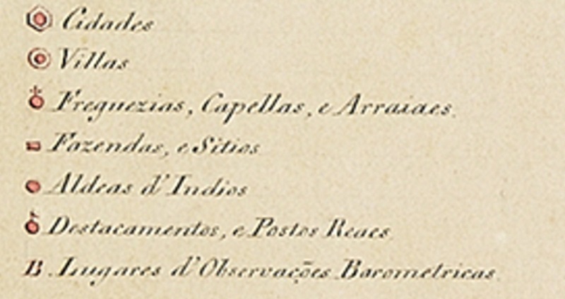 
							 - Detalhe da legenda do “Novo Mappa da Capitania de Minas Geraes”. Levantado por Guilherme Barão D´Eschwege, Tenente Coronel do Real Corpo de Engenheiros, 
							1821
							. Escala [ca. 1: 1 000 000]. (Cópia sem data). 1 mapa ms. em 4 folhas coladas, color. à mão; 141 cm × 104 cm.
						