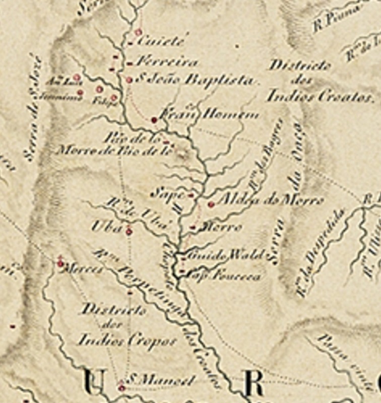 
							 - Detalhe da região dos distiritos dos Coropós e Coroados, com a presença de aldeamentos como 
							S João Baptista e Aldea do Morro
							; destaque também para a fazenda 
							GuideWald
							, onde Marlière estabeleceu residência e é hoje a cidade de Guidoval. Elaborado em “Novo Mappa da Capitania de Minas Geraes”. Levantado por Guilherme Barão D´Eschwege, Tenente Coronel do Real Corpo de Engenheiros, 
							1821
							. Escala [ca. 1: 1 000 000]. (Cópia sem data). 1 mapa ms. em 4 folhas coladas, color. à mão; 141 cm × 104 cm.
						