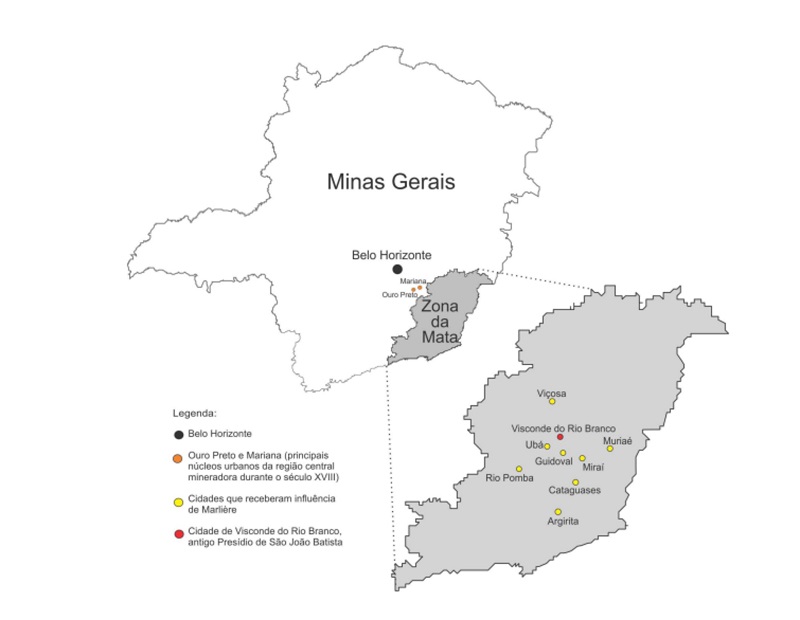  - Localização de municípios da Zona da Mata mineira que sofreram influência da atuação de Marlière.