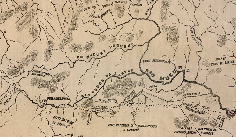 
							 - Detalhe da “Carta Topographica do Mucury” atestando a extensa presença indígena no Vale do Mucuri; o núcleo de povoamento 
							Philadelphia
							 viria a se tornar a cidade de Teófilo Otoni. Carta Topographica do Mucury. Coordenada e desenhada por Herculano V. Penna, 2º Tenente de Engenheiros, 
							1859
							.
						