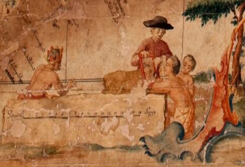  - Detalhe da iluminura que ilustra a Carta geographica da Capitania de Minas Geraes, e partes confinantes. Anno de 1767. [s.a.]. 168,3 cm × 124,3 cm; manuscrito, color. à mão, tinta ferrogálica e nanquim, em folha 175,5 cm × 127 cm.