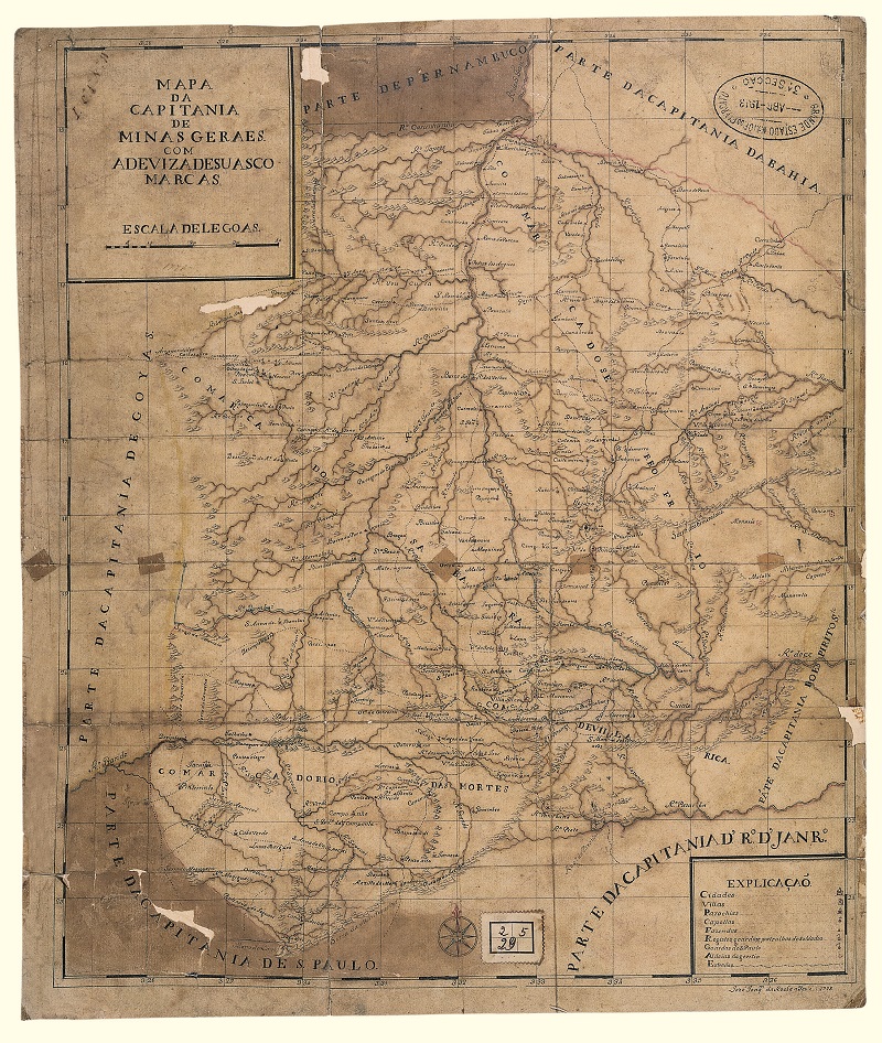 
							 - “Mapa da Capitania de Minas Geraes com a deviza de suas comarcas”. Jozé Joaquim da Rocha, 
							1778
							. 41,9 × 35,1 cm; manuscrito e aquarela.
						
