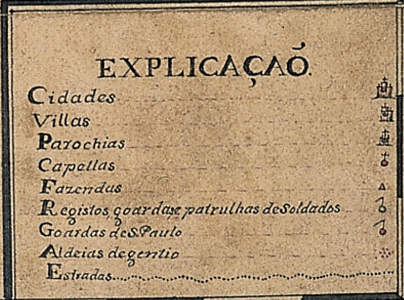 
							 - Detalhe dos símbolos representativos utilizados no “Mapa da Capitania de Minas Geraes com a deviza de suas comarcas”. Jozé Joaquim da Rocha, 
							1778
							. 41,9 × 35,1 cm; Manuscrito e aquarela.
						
