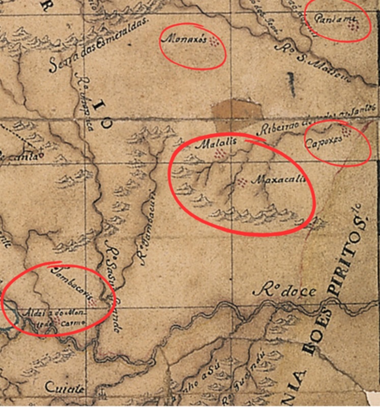  - Destaque dos aldeamentos do leste mineiro identificados no mapa de Rocha. Elaborado sobre o “Mapa da Capitania de Minas Geraes com a deviza de suas comarcas”. Jozé Joaquim da Rocha, 1778. 41,9 × 35,1 cm; Manuscrito e aquarela.