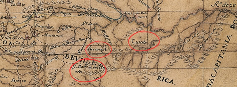  - Postos avançados de povoação destacados no mapa de Rocha de 1778. Elaborado sobre o “Mapa da Capitania de Minas Geraes com a deviza de suas comarcas”. Jozé Joaquim da Rocha, 1778. 41,9 × 35,1 cm; manuscrito e aquarela.